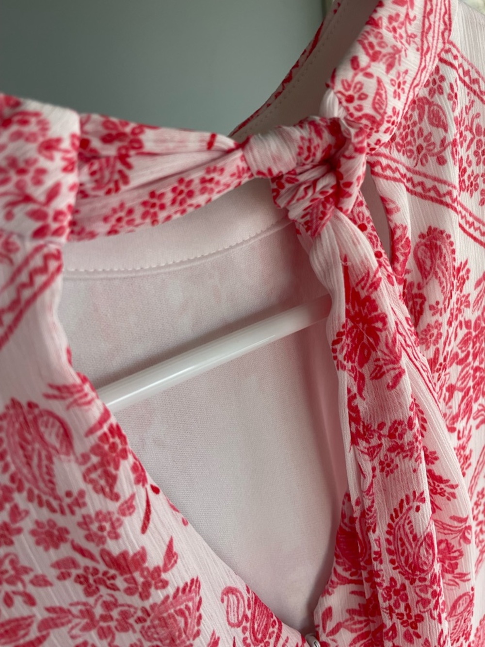 Paisley Pink/White Mock Neck Sleeveless Flowy Dress | Calvin Klein | Size 2 - Picture 8 of 13